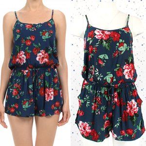 Navy Floral Print Cami Romper with Pockets